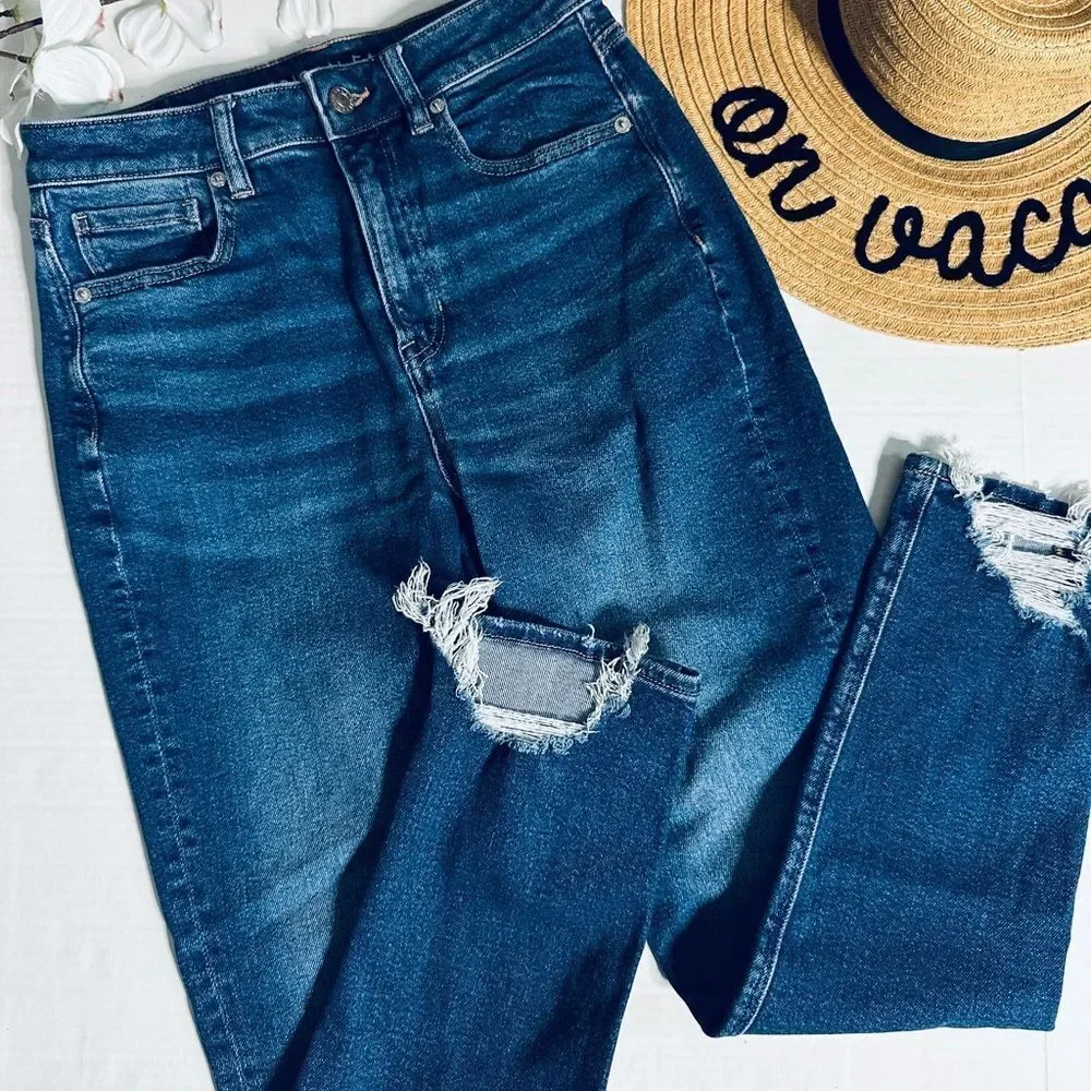 American Eagle Outfitters Dark/Midwash Distressed Hem Mom Jeans - Picture 2 of 7